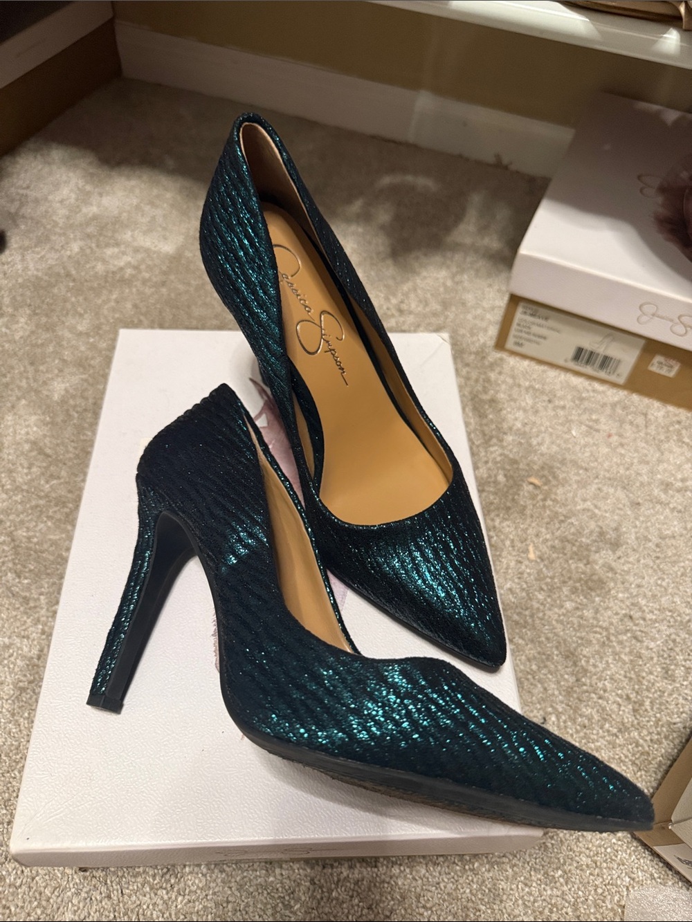 Jessica Simpson Emerald Teal Glitter Pointed Toe Pumps - Picture 2 of 5